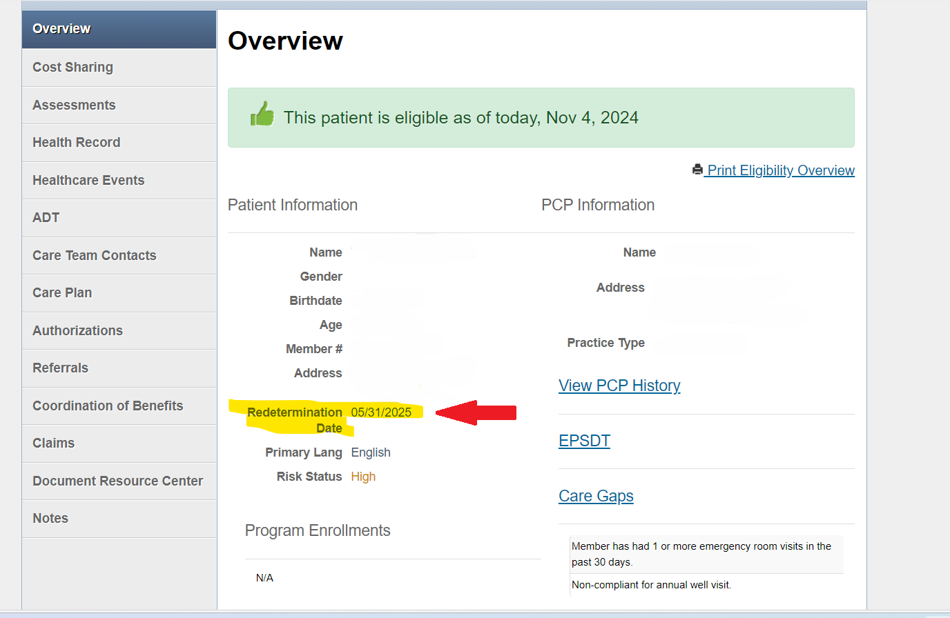 overview of patient information displaying key details, with the redetermination date highlighted in yellow