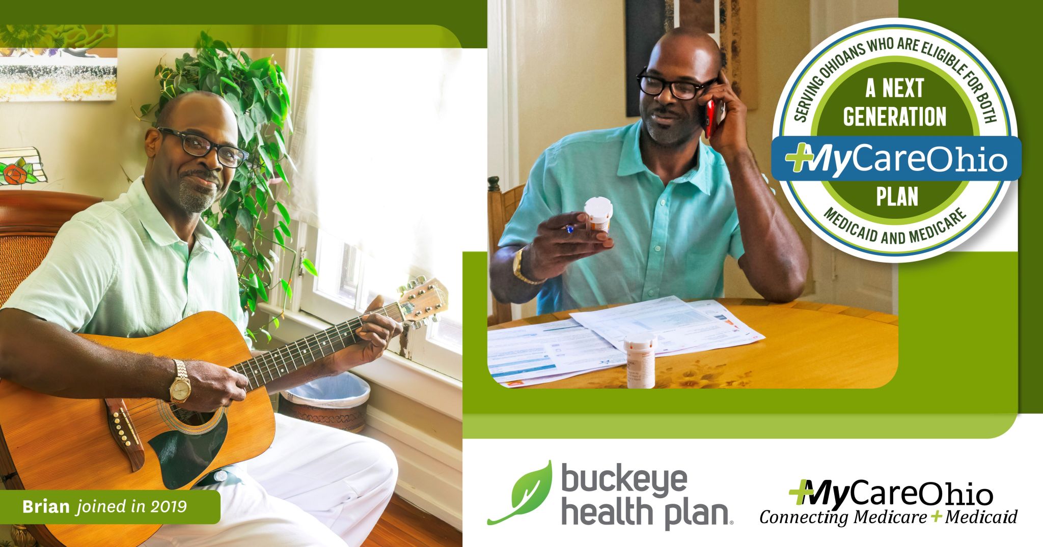 Member Brian reviewing medicaions and playing guitar. Buckeye MyCare Ohio - Connecting Medicare and Medicaid